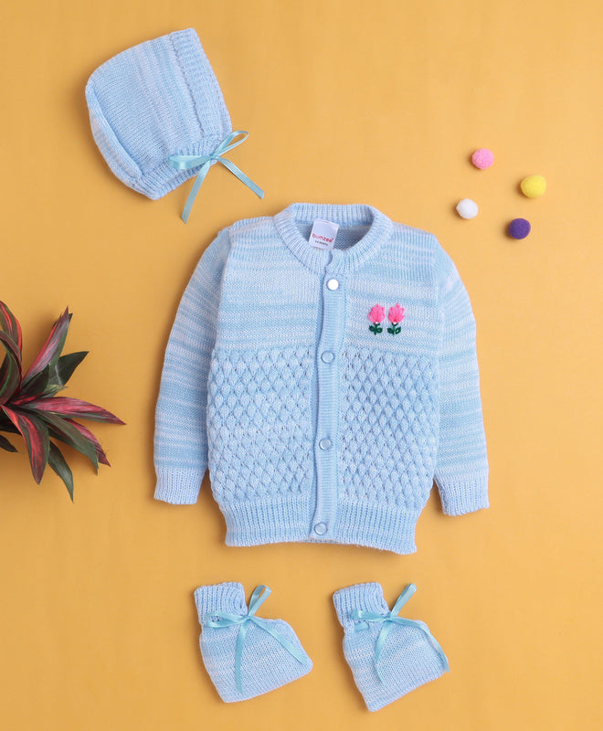 Sky Blue Baby Boys Full Sleeves Acrylic Blend Sweater With Cap & Socks
