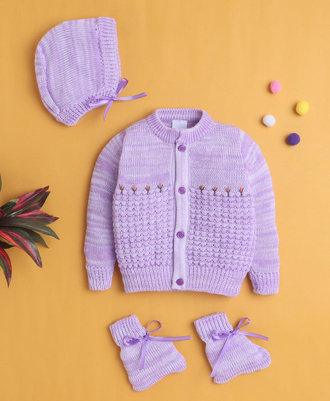 Lavender Baby Girls Full Sleeves Acrylic Blend Sweater With Cap & Socks