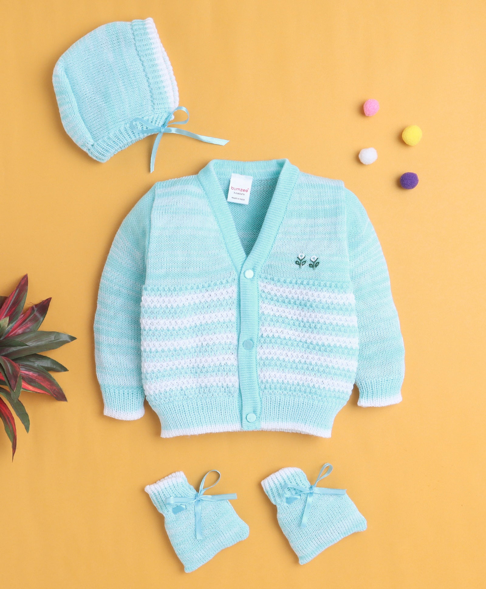 Aqua Blue Baby Boys Full Sleeves Acrylic Blend Sweater With Cap & Socks