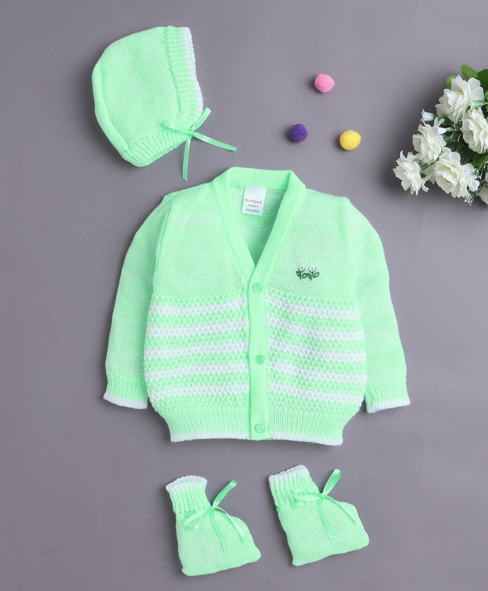 Green Baby Girls Full Sleeves Acrylic Blend Sweater With Cap & Socks