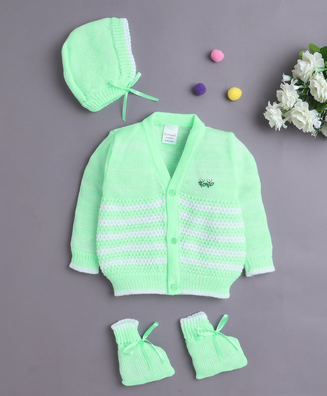 Green Baby Girls Full Sleeves Acrylic Blend Sweater With Cap & Socks