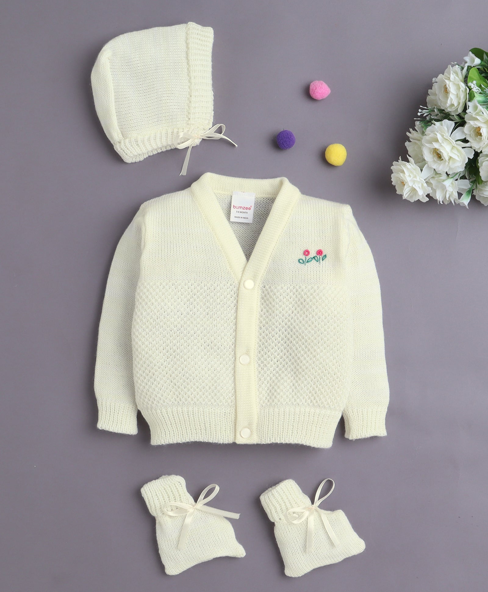 Yellow Baby Girls Full Sleeves Acrylic Blend Sweater With Cap & Socks