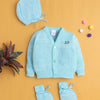 Aqua Blue Baby Boys Full Sleeves Acrylic Blend Sweater With Cap & Socks