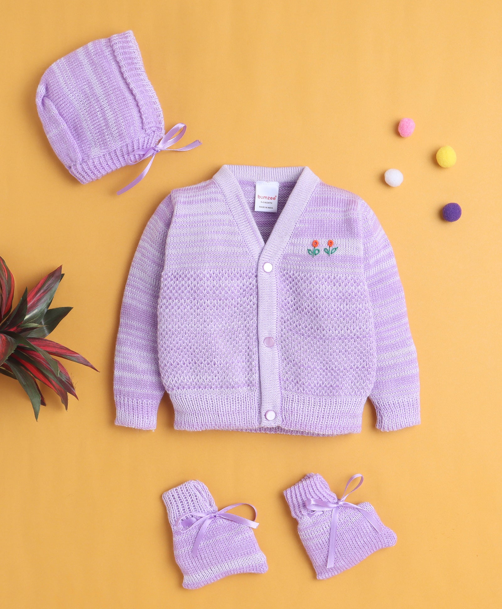 Lavender Baby Girls Full Sleeves Acrylic Blend Sweater With Cap & Socks