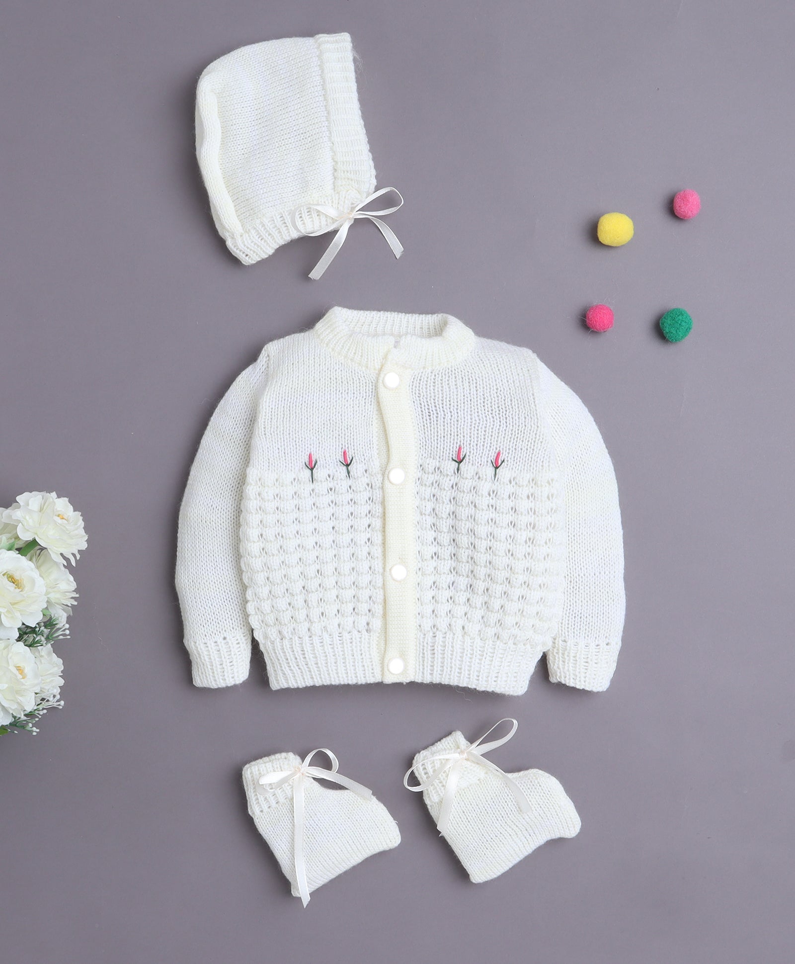 Yellow Baby Girls Full Sleeves Acrylic Blend Sweater With Cap & Socks