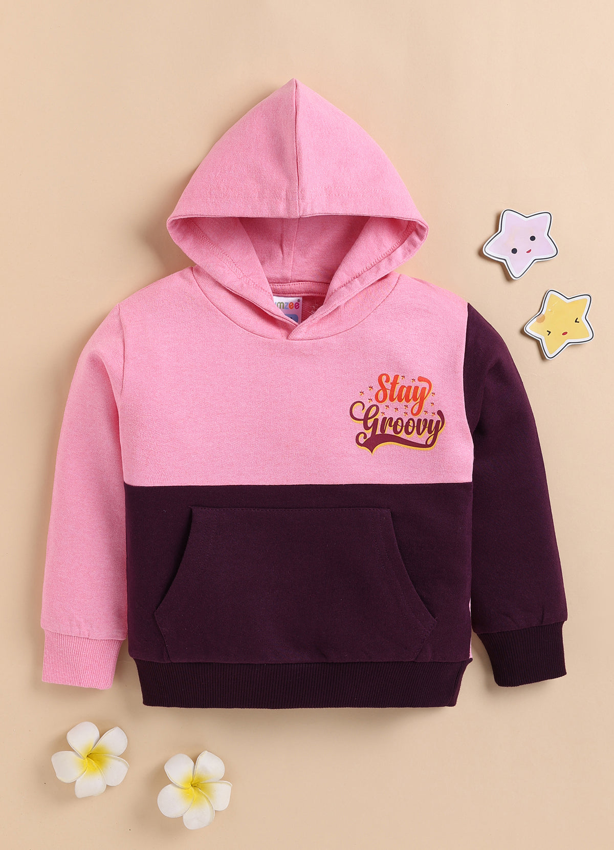 Bumzee Pink & Wine Cut & Sew Sweatshirt, Full Sleeves, Cotton Blend, Hooded (Style Peb10879N)