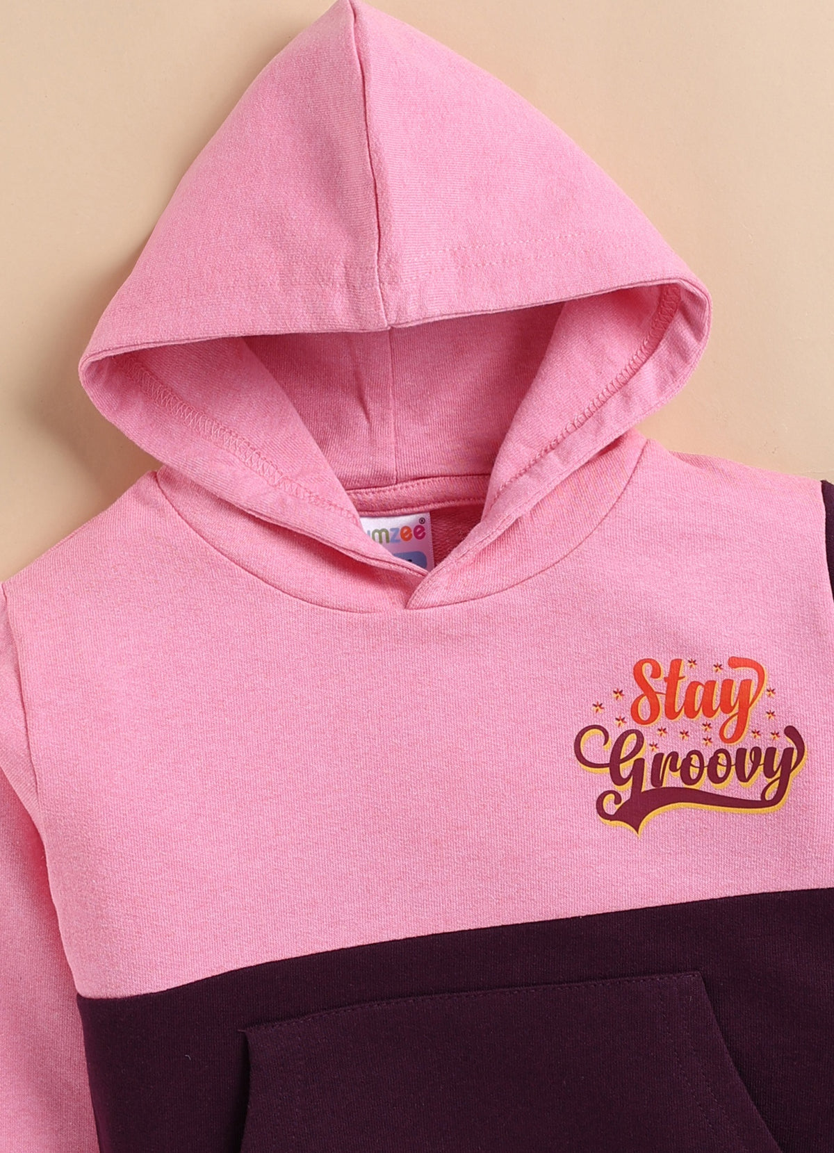 Bumzee Pink & Wine Cut & Sew Sweatshirt, Full Sleeves, Cotton Blend, Hooded (Style Peb10879N)