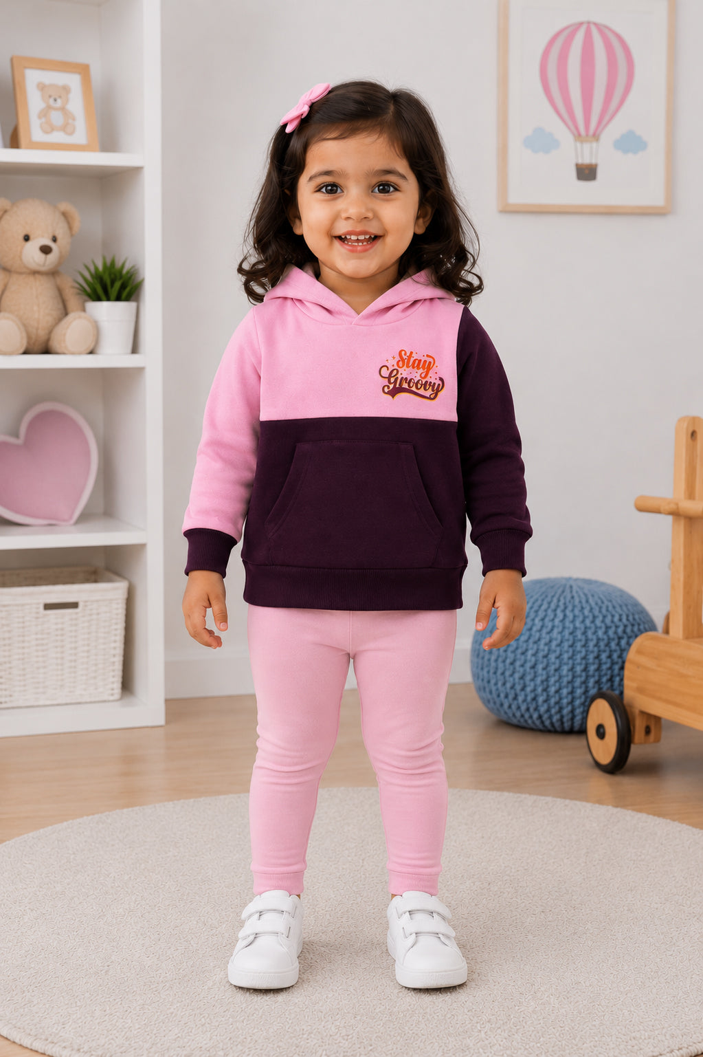 Bumzee Pink & Wine Cut & Sew Sweatshirt, Full Sleeves, Cotton Blend, Hooded (Style Peb10879N)
