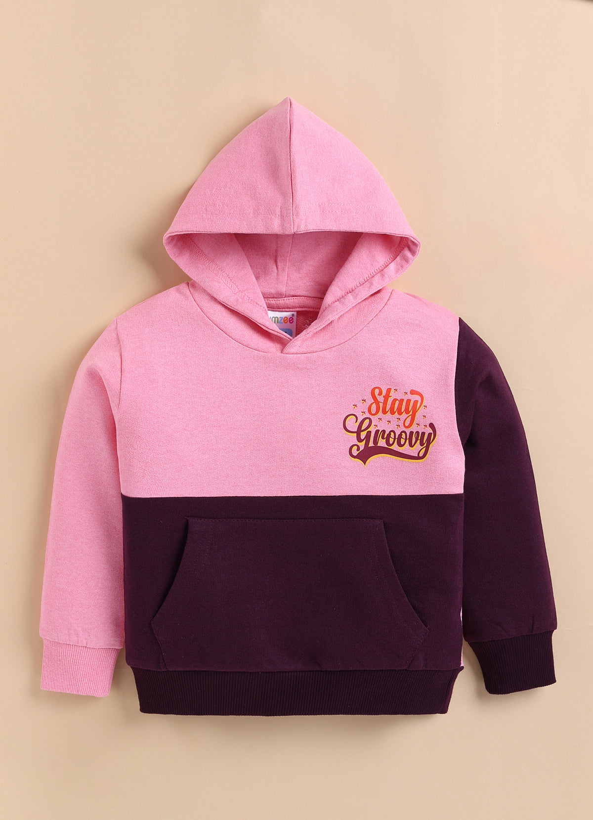 Bumzee Pink & Wine Cut & Sew Sweatshirt, Full Sleeves, Cotton Blend, Hooded (Style Peb10879N)