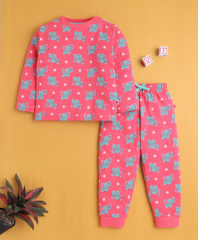 Pink Girls Full Sleeves Cotton T-Shirt & Pyjama Set