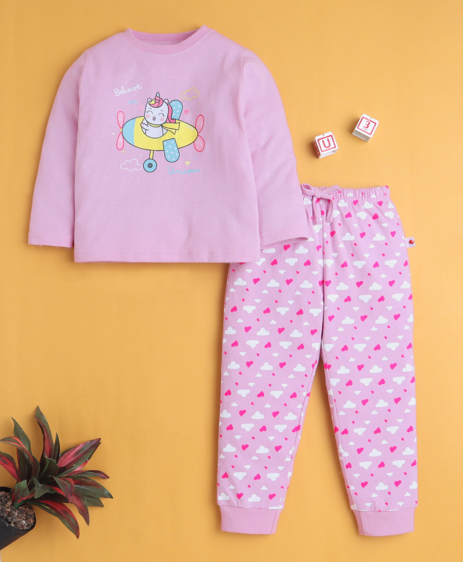 Lilac Girls Full Sleeves Cotton T-Shirt & Pyjama Set
