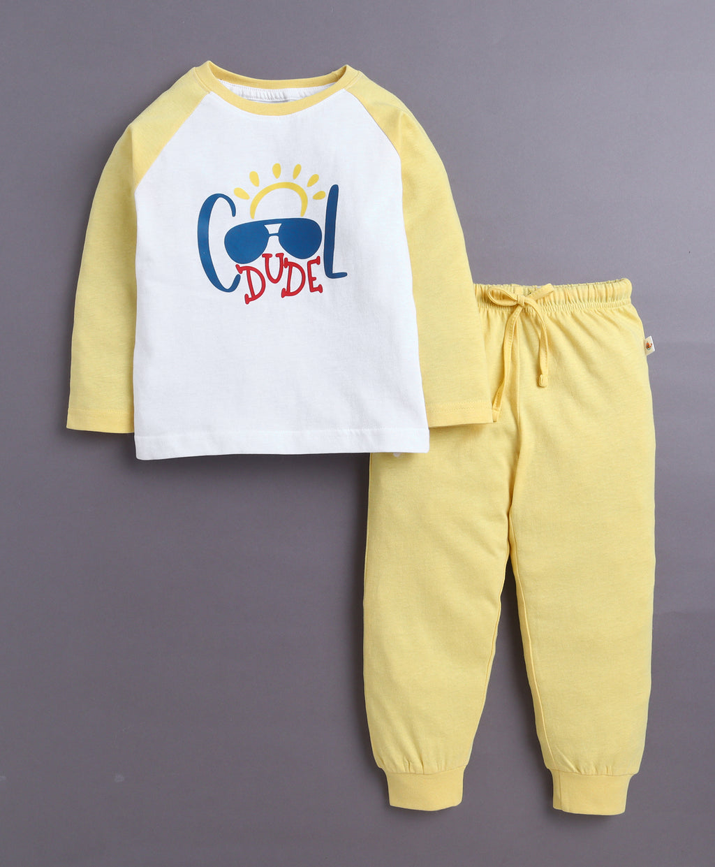 Bumzee Yellow & White Graphic Print T-Shirt & Pyjama Set, Full Sleeves