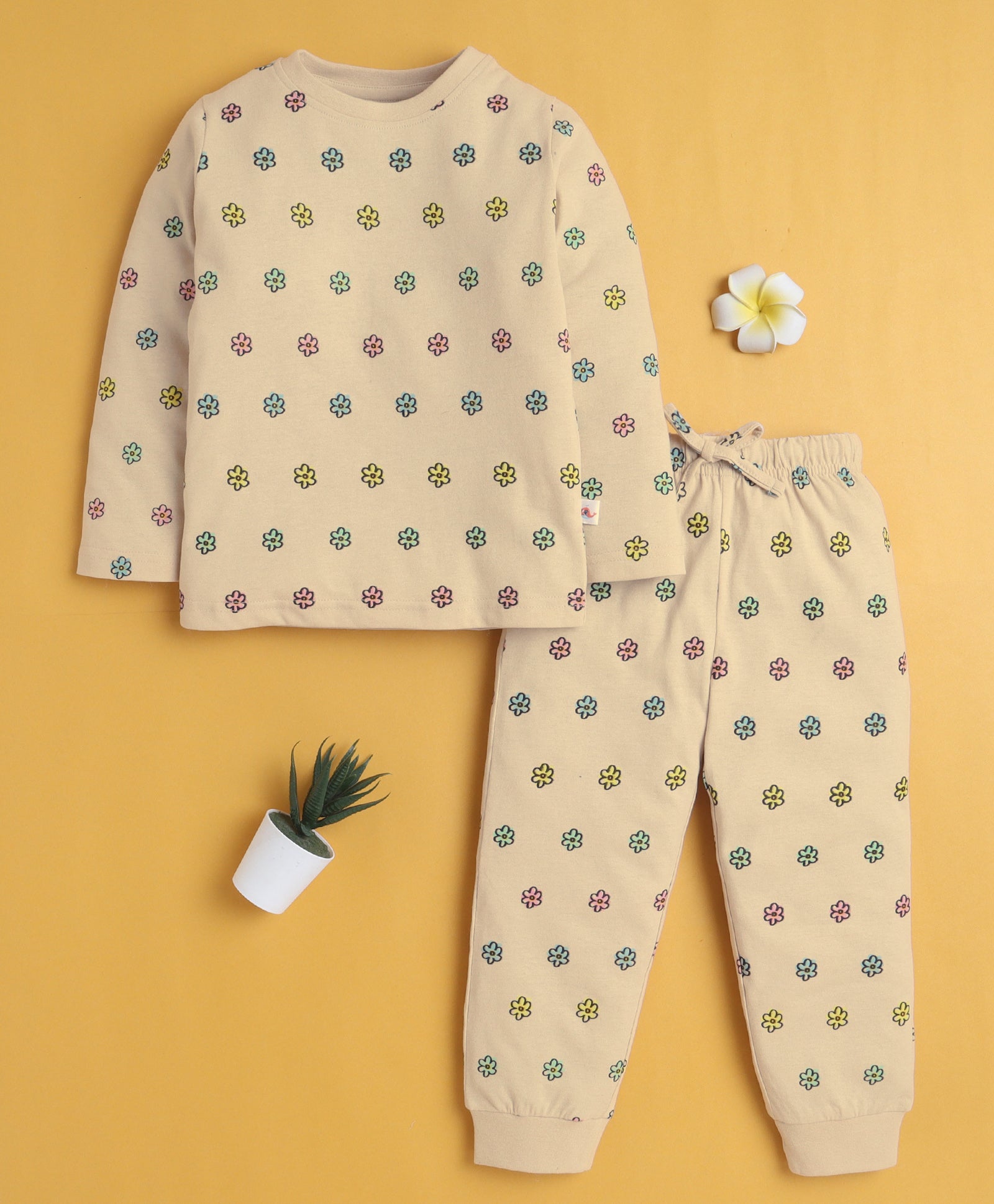 Beige Girls Full Sleeves Cotton T-Shirt & Pyjama Set