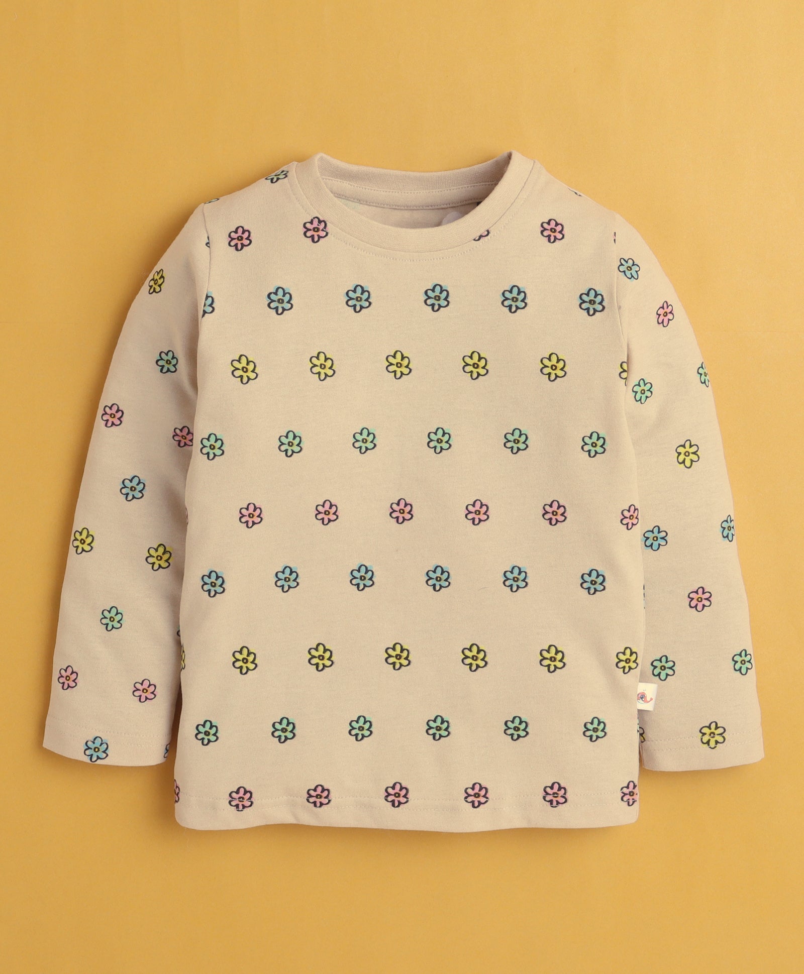 Beige Girls Full Sleeves Cotton T-Shirt & Pyjama Set