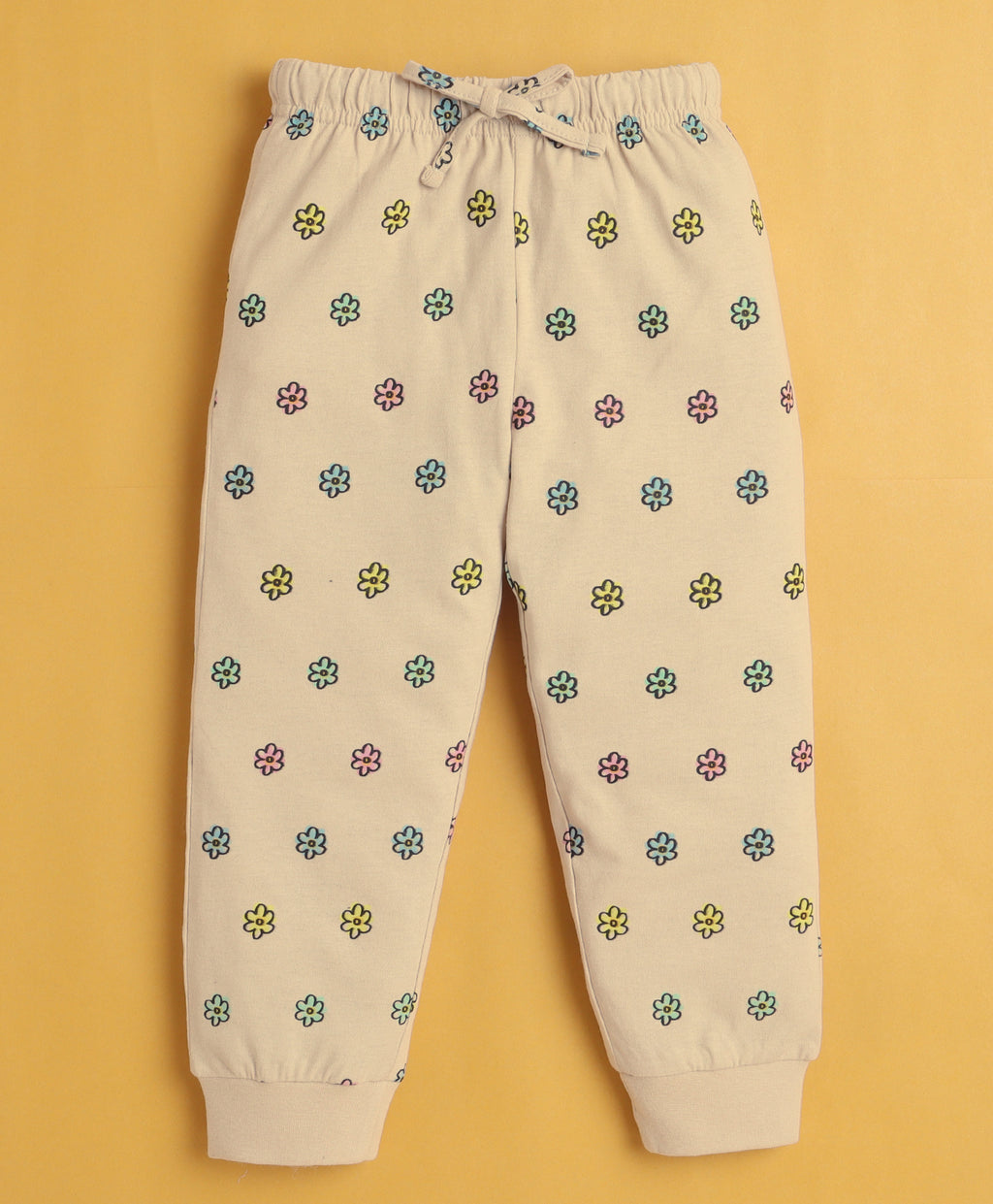 Bumzee Beige Floral Print T-Shirt & Pyjama Set, Full Sleeves, 100% Cotton