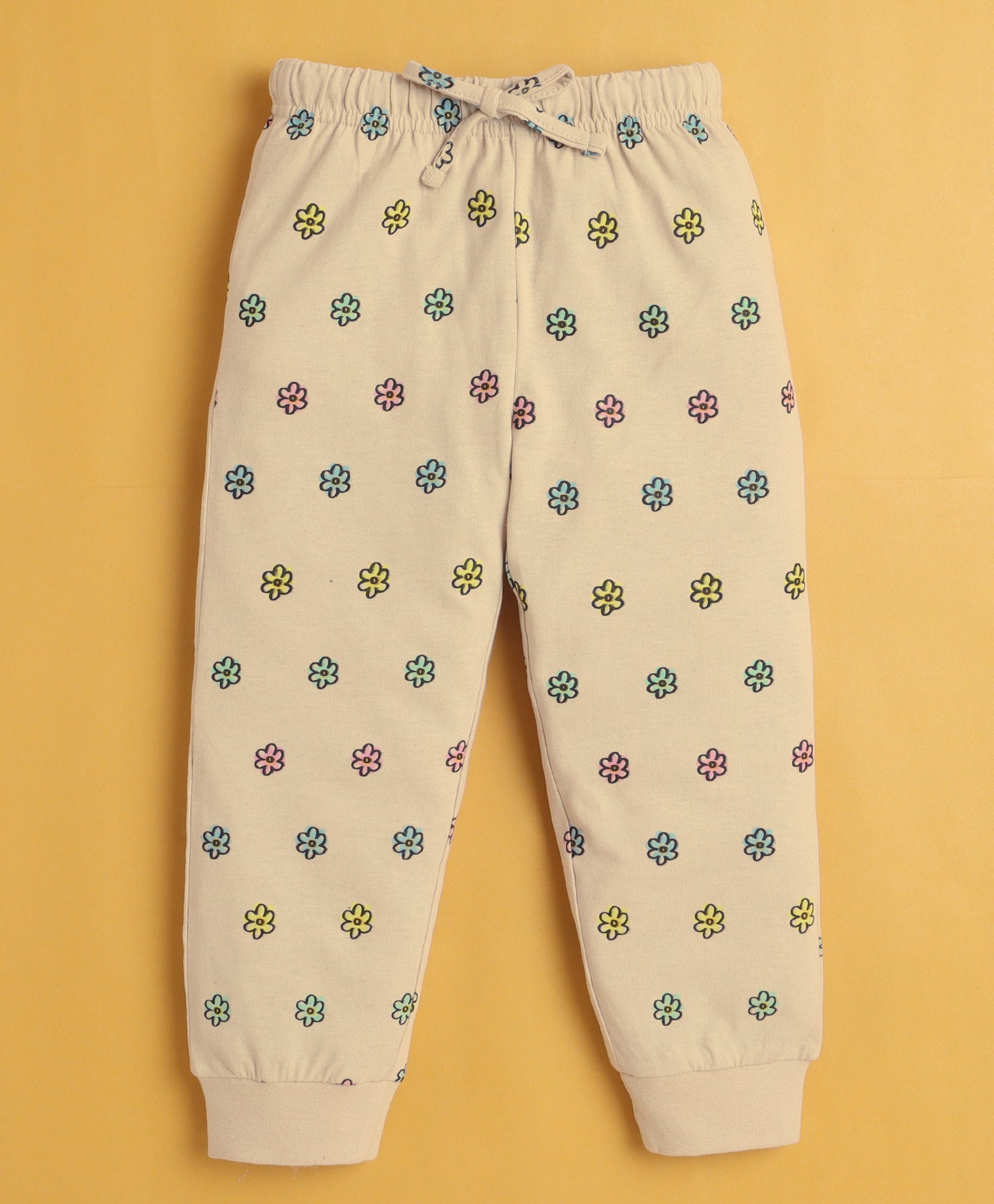 Beige Girls Full Sleeves Cotton T-Shirt & Pyjama Set