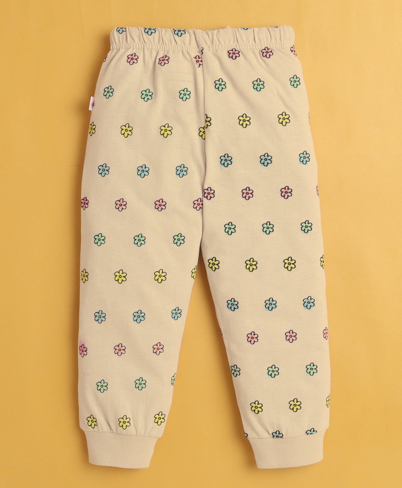 Beige Girls Full Sleeves Cotton T-Shirt & Pyjama Set
