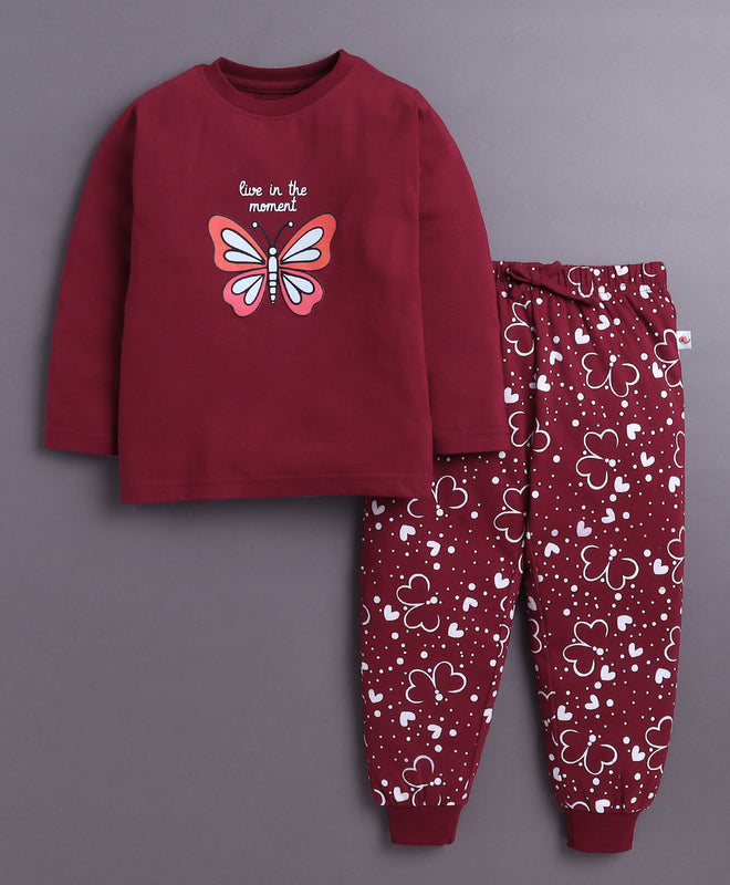 Wine Girls Full Sleeves Cotton T-Shirt & Pyjama Set