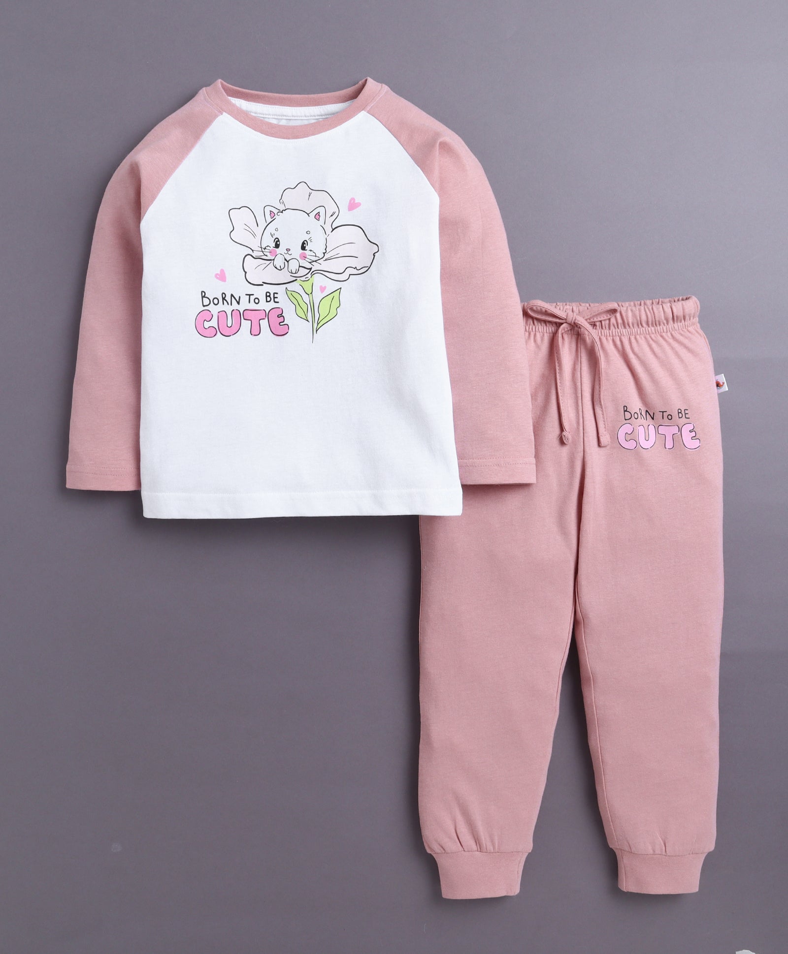 Pink & White Girls Full Sleeves Cotton T-Shirt & Pyjama Set