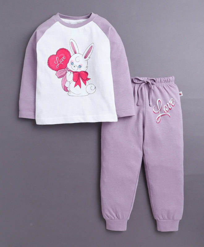Lavender & White Girls Full Sleeves Cotton T-Shirt & Pyjama Set
