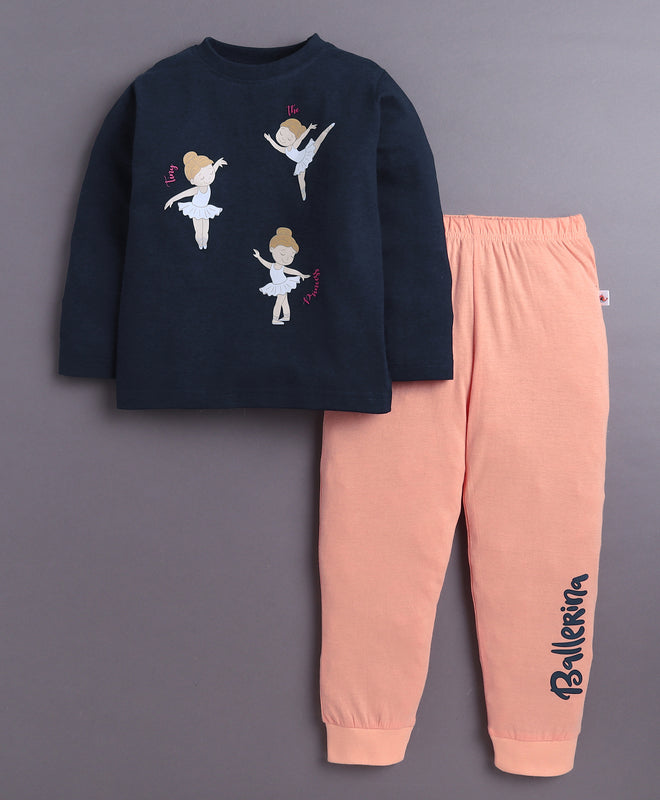 Navy & Pink Girls Full Sleeves Cotton T-Shirt & Pyjama Set