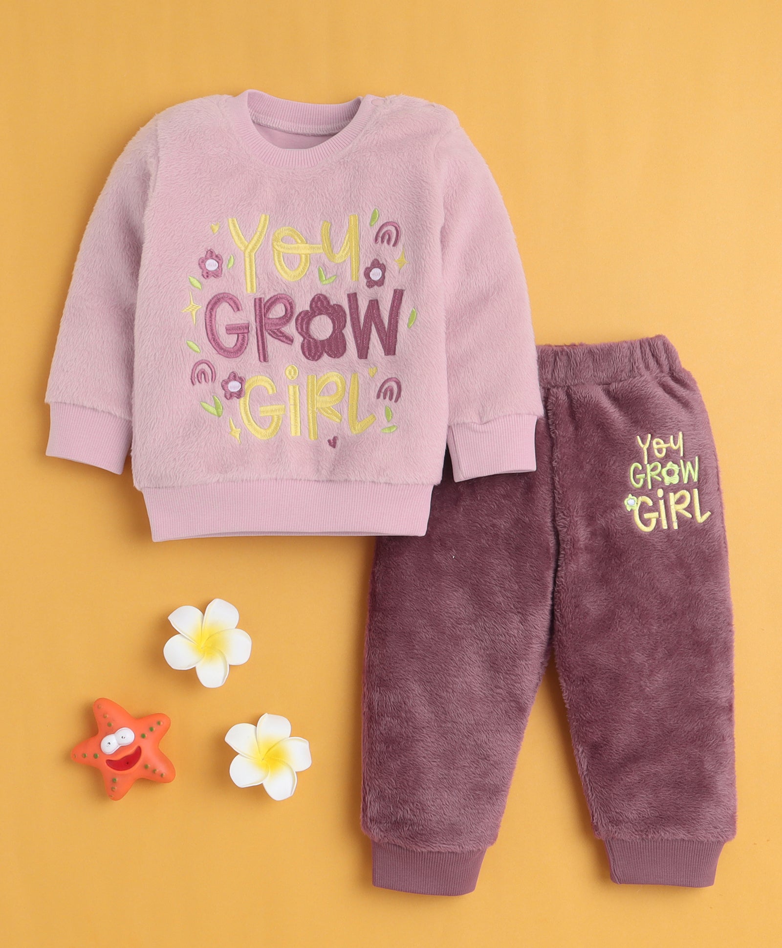 Mauve & Pink Girls Full Sleeves Sweatshirt & Jogger Set