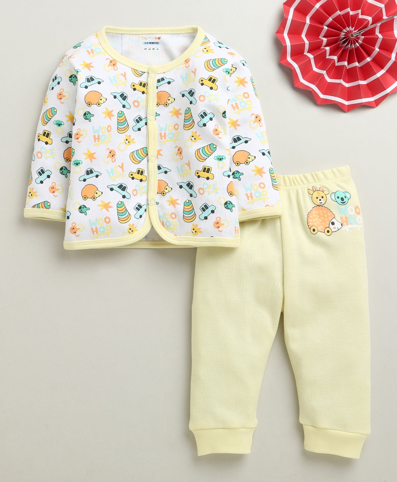 Yellow & White Baby Boys Full Sleeves Jabla & Pyjama Set