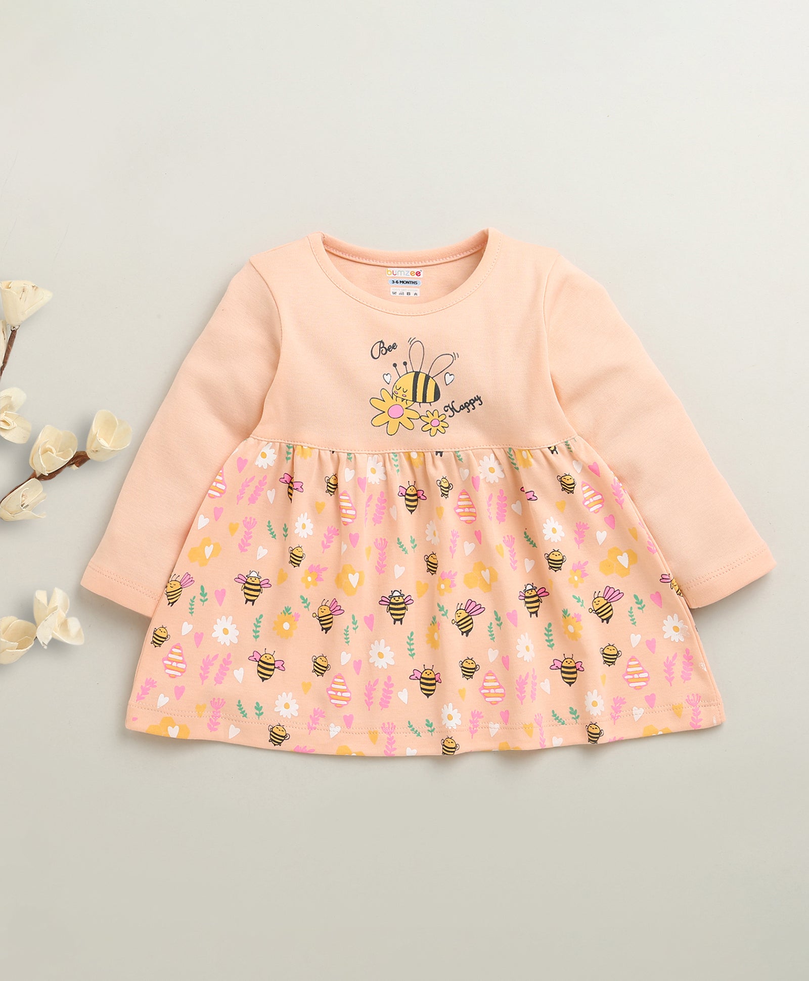 Peach Girls Full Sleeves Cotton Knee Length Frock
