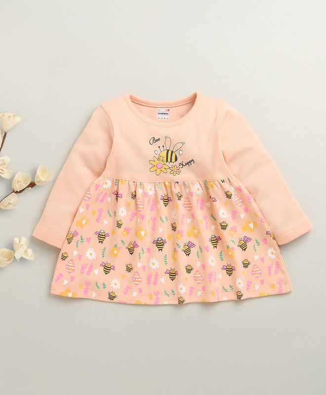 Peach Girls Full Sleeves Cotton Knee Length Frock