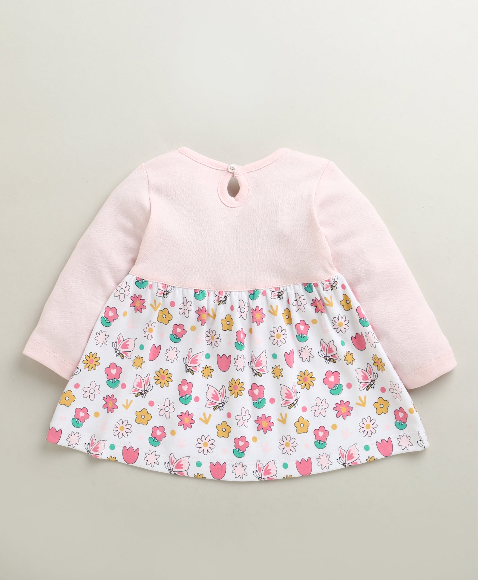Pink & White Girls Full Sleeves Cotton Knee Length Frock