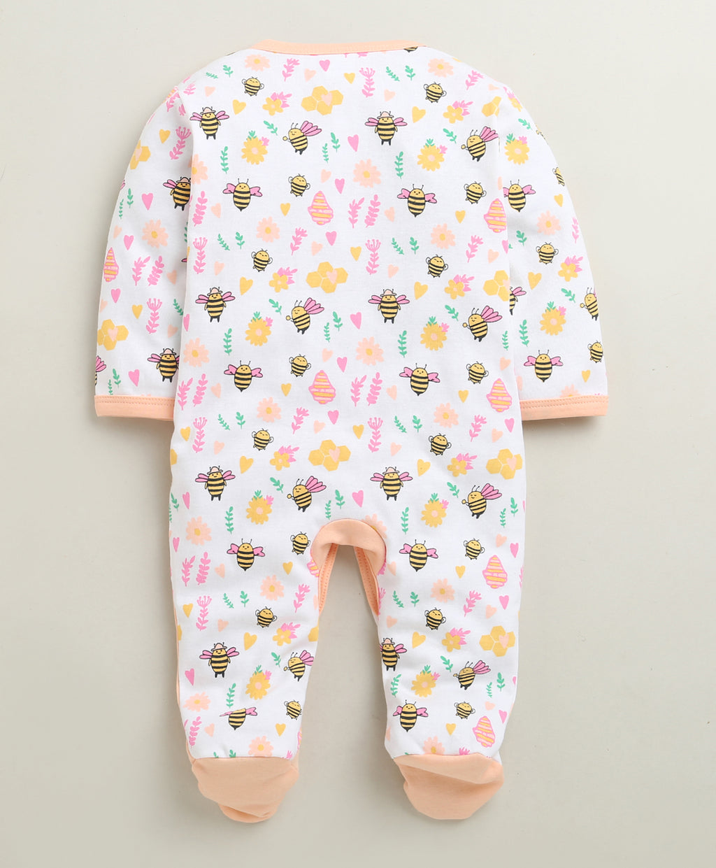 Bumzee Peach & White Animal Print Sleepsuit, Full Sleeves, 100% Cotton