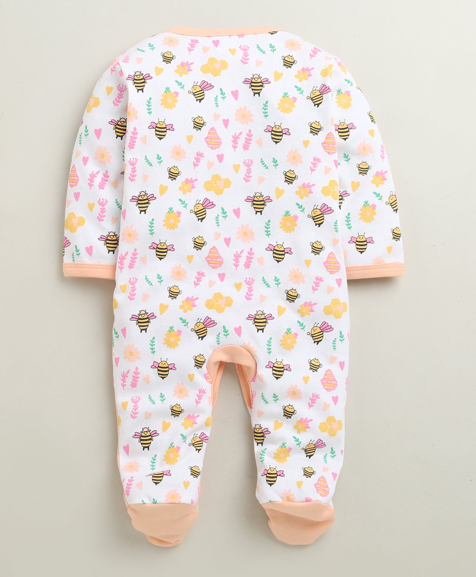 Peach & White Baby Girls Full Sleeves Cotton Sleepsuit