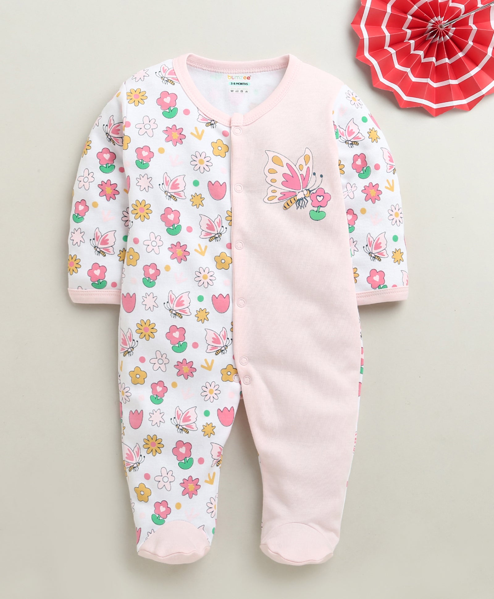 Pink & White Baby Girls Full Sleeves Cotton Sleepsuit