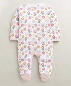 Bumzee Pink & White Animal Print Sleepsuit, Full Sleeves, 100% Cotton