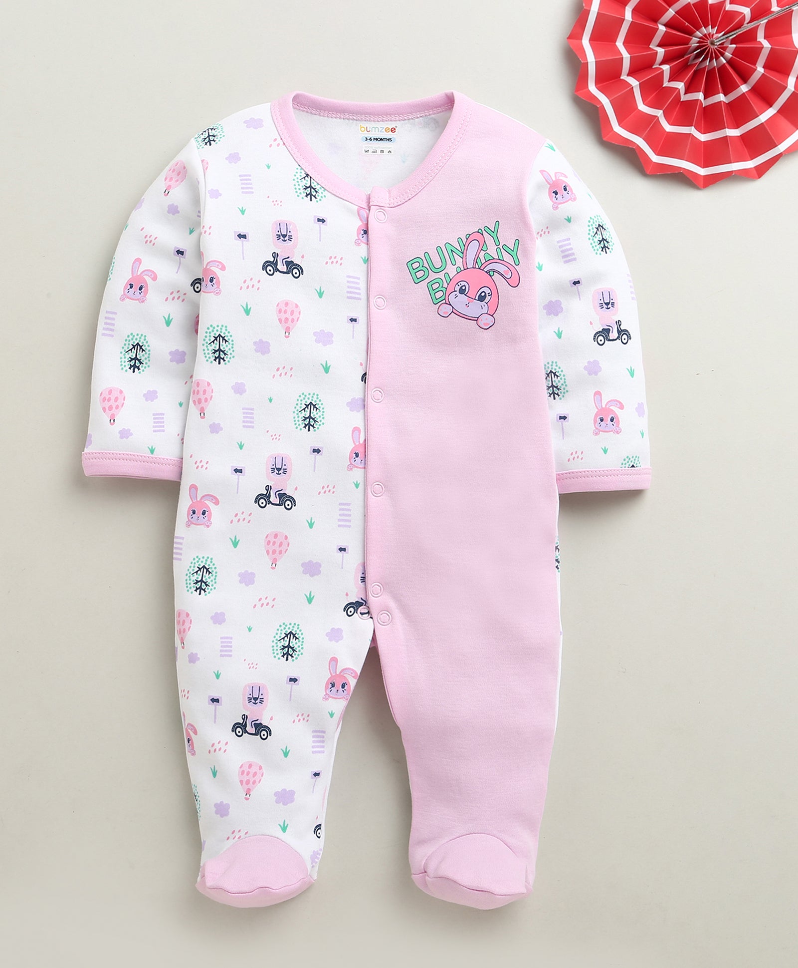 White & Lilac Baby Girls Full Sleeves Cotton Sleepsuit