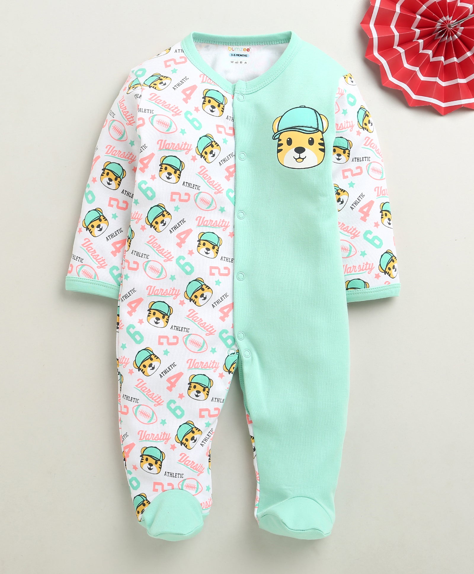 White & Mint Green Baby Boys Full Sleeves Cotton Sleepsuit