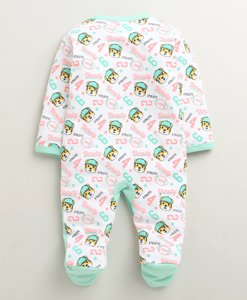 Boys 100% Cotton Tiger Face Sleepsuit - White & Mint Green