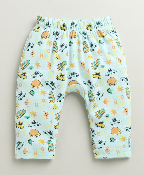 Boys 100% Cotton Animal & Striped Diaper Pant - Sky Blue & Yellow