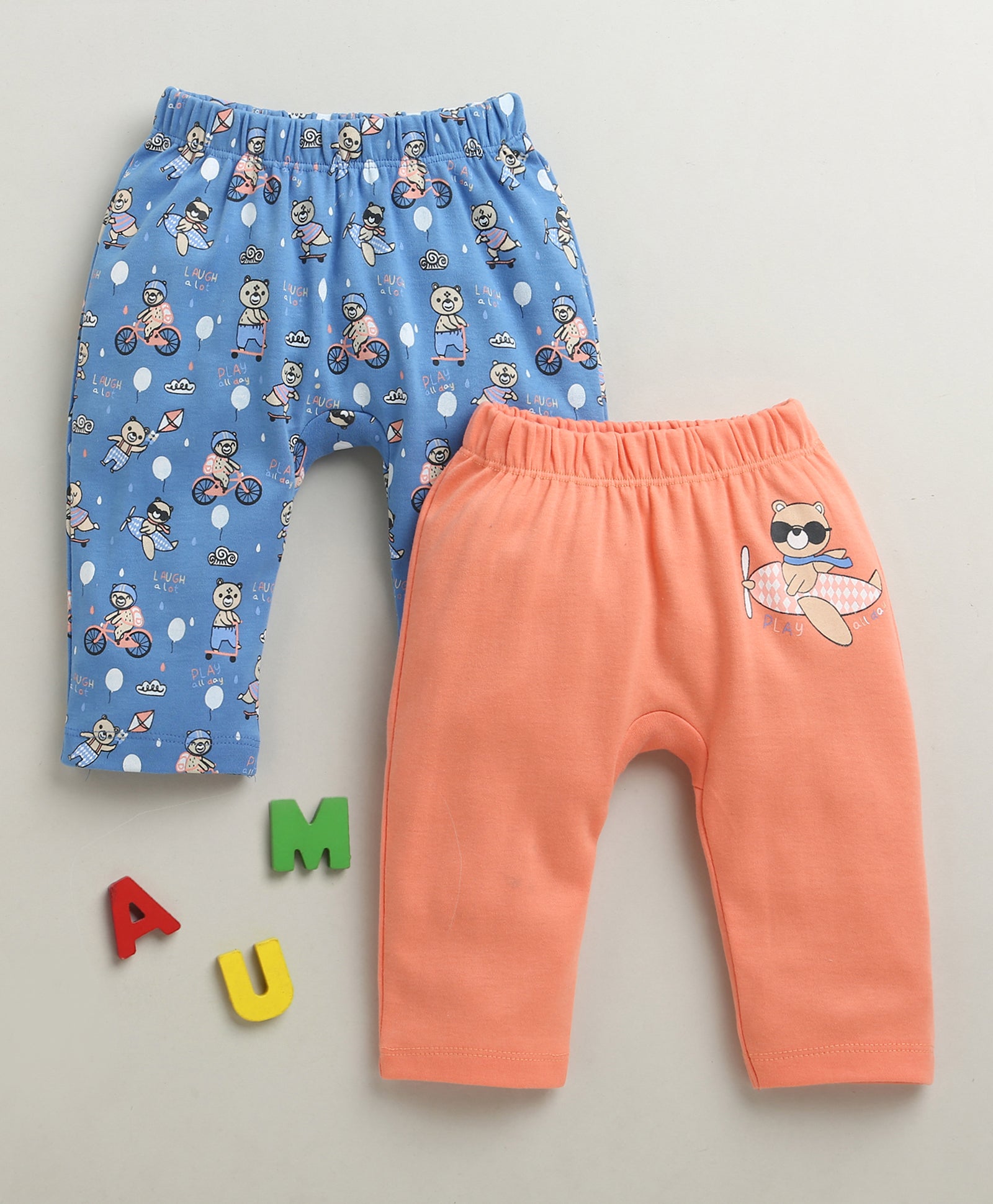 Blue & Peach Baby Girls Diaper Pants / Leggings / Pyjamas Pack Of 2
