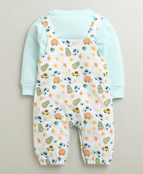 Boys 100% Cotton Animal & Car Romper - White & Sky Blue