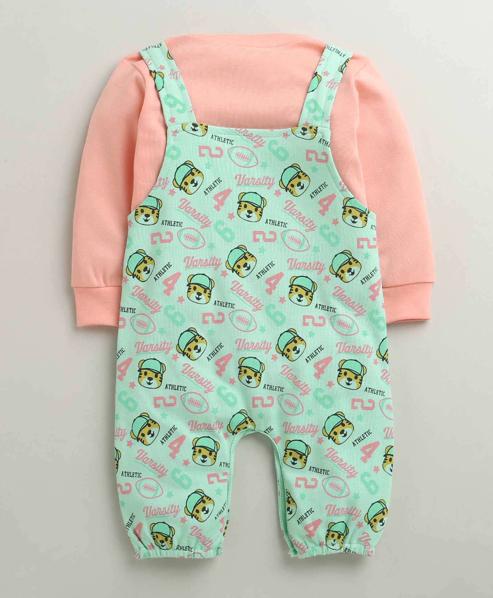 Mint Green & Peach Baby Girls Full Sleeves Cotton Dungaree Set