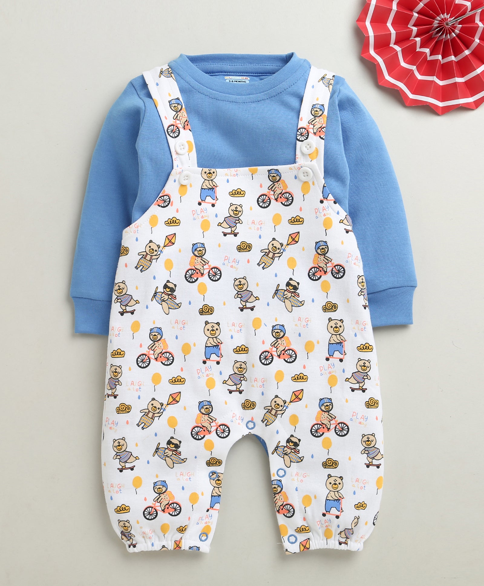 White & Blue Baby Boys Full Sleeves Cotton Dungaree Set