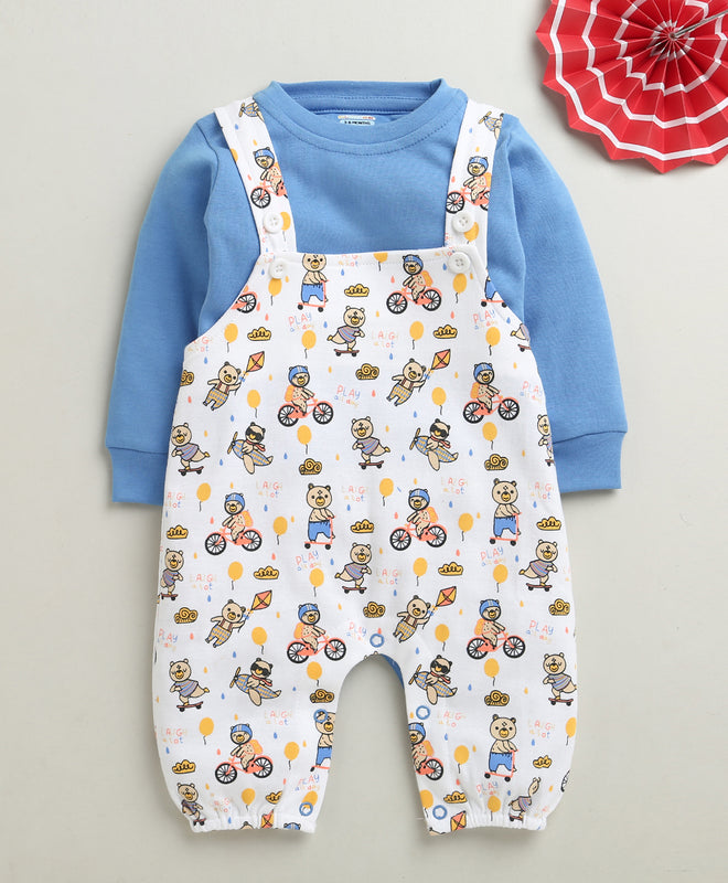 White & Blue Baby Boys Full Sleeves Cotton Dungaree Set