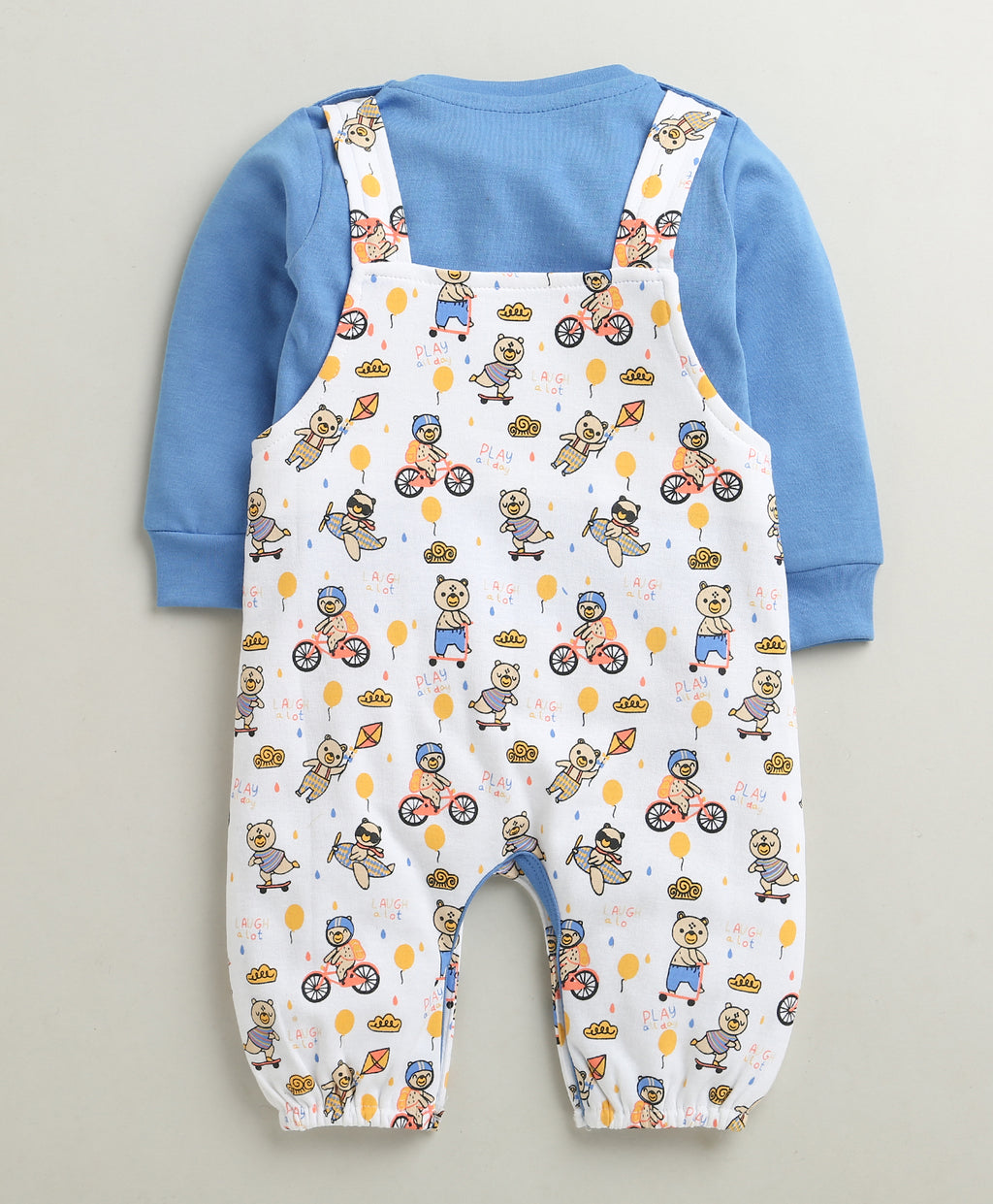 Bumzee White & Blue Animal Print Romper, Full Sleeves, 100% Cotton