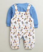 Bumzee White & Blue Animal Print Romper, Full Sleeves, 100% Cotton