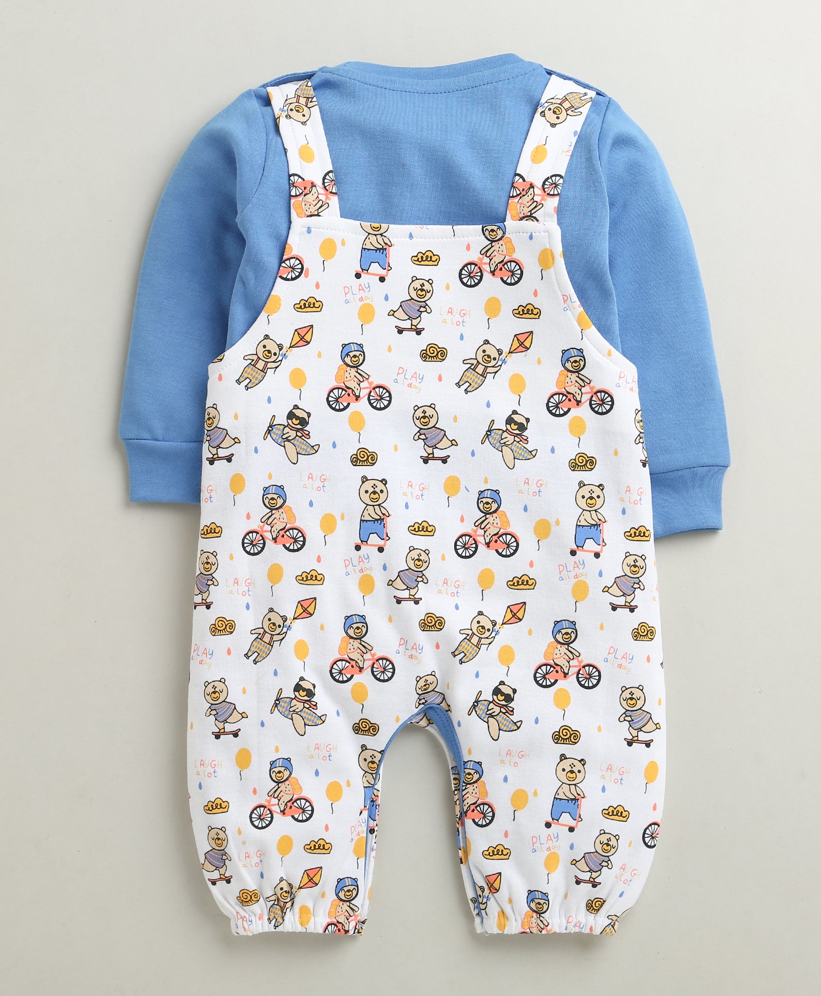 White & Blue Baby Boys Full Sleeves Cotton Dungaree Set