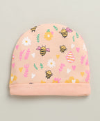 Bumzee Peach Animal Print Cap, Mitten & Bootie Set, 100% Cotton, with Mittens (Style Peb10934)