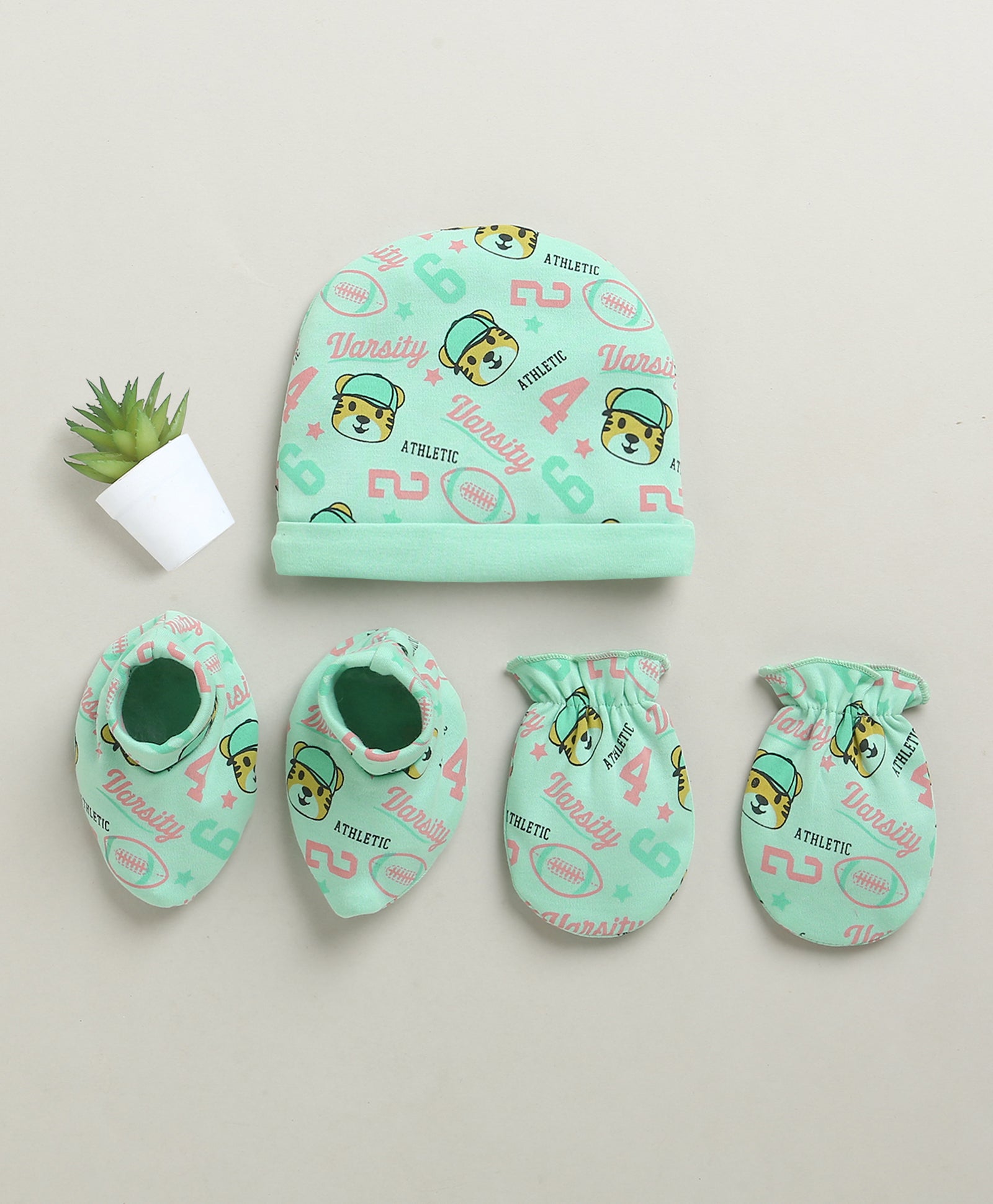Mint Green Boys Cotton Cap Mitten Bootie Set