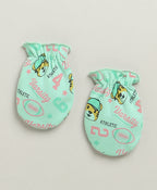 Bumzee Mint Green Animal Print Cap, Mitten & Bootie Set, 100% Cotton