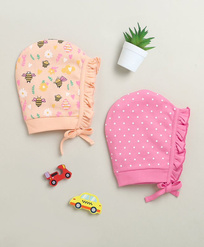 Peach & Pink Girls Cotton Pack Of 2 Bonet Cap